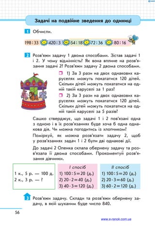 56
Задачі на подвійне зведення до одиниці
1	 Обчисли.
198 : 33 420 : 3 54 : 18  80 : 1672 : 36. – . .
2	 Розв’яжи задачу 1 двома способами. Зістав задачі 1
і 2. У чому відмінність? Як вона вплине на роз­в’я­
зання задачі 2? Розв’яжи задачу 2 двома способами.
ˆˆ 1) За 3 рази на двох однакових ка-
руселях можуть покататися 120 дітей.
Скільки дітей можуть покататися на од-
ній такій каруселі за 1 раз?
ˆˆ 2) За 3 рази на двох однакових ка-
руселях можуть покататися 120 дітей.
Скільки дітей можуть покататися на од-
ній такій каруселі за 5 разів?
Сашко стверджує, що задачі 1 і 2 пов’язані одна
з одною і в їх розв’язаннях буде хоча б одна одна-
кова дія. Чи можна погодитись із хлопчиком?
Поміркуй, як можна розв’язати задачу 2, щоб
у роз­в’язаннях задач 1 і 2 були дві однакові дії.
До задачі 2 Оленка склала обернену задачу та роз-
­в’язала її двома способами. Прокоментуй розв’я­
зання дівчинки.
1 к., 5 р. — 100 д.
2 к., 3 р. — ?
І спосіб
1)	100 : 5 = 20 (д.)
2)	20 . 2 = 40 (д.)
3)	40 . 3 = 120 (д.)
ІІ спосіб
1)	100 : 5 = 20 (д.)
2)	20 . 3 = 60 (д.)
3)	60 . 2 = 120 (д.)
3	 Розв’яжи задачу. Склади та розв’яжи обернену за-
дачу, в якій шуканим буде число 840.
www.e-ranok.com.ua
 
