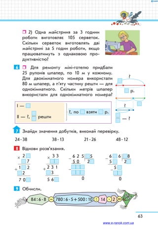 63
ˆˆ 2)	 Одна майстриня за 3 години
роботи виготовляє 105 серветок.
Скільки серветок виготовлять дві
майстрині за 5 годин роботи, якщо
працюватимуть з однаковою про-
дуктивністю?
6	  Для ремонту міні-готелю придбали
25 рулонів шпалер, по 10 м у кожному.
Для двокімнатного номера використали
80 м шпалер, а п’яту частину решти — для
однокімнатного. Скільки метрів шпалер
використали для однокімнатного номера?
І —
ІІ — ?, решти
?, по взяти р.
7	 Знайди значення добутків, виконай перевірку.
24 . 38	 38 . 13	 21 . 26	 48 . 12
8	 Віднови розв’язання.
  2  
  7
1    2
 2
7   0 
×
+
  3   3
2   3   1
 3
5   6 
×
+
  6   2    5 5
  5   0      2
   0
-
-
  6     6  8
  5      2
          5  
         
    0
-
-
9	 Обчисли.
84 : 6 . 8 14 2780 : 6 . 5 + 500 : 10– .: =
?
?
р.
— ?
www.e-ranok.com.ua
 