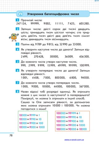 78
Утворення багатоцифрових чисел
1	 Прочитай числа:
247 124, 99 999, 9 002, 11 111, 7 423, 605 280.
2	 Запиши числа: двісті сорок дві тисячі двадцять
шість; тринадцять тисяч шістсот чотири; сто трид-
цять дев’ять тисяч двісті два; дев’ять тисяч сімсот
вісім; дванадцять тисяч вісімнадцять.
3	 Полічи від 9 789 до 9 815; від 32 990 до 33 000.
4	 Як утворити наступне число до даного? Запиши від-
повідні рівності.
2 499, 270 428, 50 000, 36 009, 456 300.
5	 До кожного числа утвори наступне число.
999, 2 999, 9 999, 15 999, 49 999, 99 999, 100 999.
6	 Як утворити попереднє число до даного? Запиши
відповідні рівності.
1 001, 4 458, 7 000, 800 000, 6 800, 94 050.
7	 До кожного числа утвори попереднє число.
1 000, 9 000, 10 000, 44 000, 100 000, 567 000.
8	 Назви відомі тобі розрядні одиниці. Як отримати
кожне з цих чисел із наступного? із попереднього?
Поміркуй, чи можна їх отримати в інший спосіб.
Сашко та Оля записали рівності, за допомогою
яких можна отримати 10 000 і 100 000. Чи можна
погодитися з ними?
10000 = 9999 + 1
10000 = 9990 + 10
10000 = 9900 + 100
10000 = 9000 + 1000
100000 = 99999 + 1
100000 = 99990 + 10
100000 = 99900 + 100
100000 = 99000 + 1000
100000 = 90000 + 10000
www.e-ranok.com.ua
 