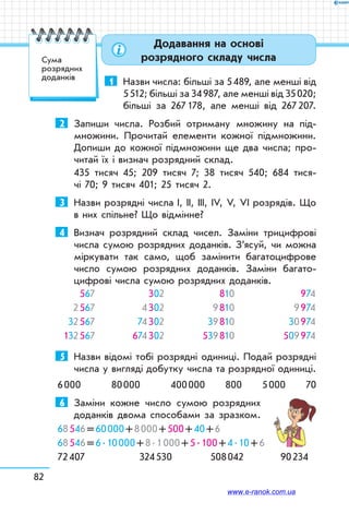 82
Додавання на основі
розрядного складу числаСума
розрядних
доданків
1	 Назви числа: більші за 5 489, але менші від
5 512; більші за 34 987, але менші від 35 020;
більші за 267 178, але менші від 267 207.
2	 Запиши числа. Розбий отриману множину на під-
множини. Прочитай елементи кожної підмножини.
Допиши до кожної підмножини ще два числа; про-
читай їх і визнач розрядний склад.
435 тисяч 45; 209 тисяч 7; 38 тисяч 540; 684 тися­-
чі 70; 9 тисяч 401; 25 тисяч 2.
3	 Назви розрядні числа І, ІІ, ІІІ, ІV, V, VІ розрядів. Що
в них спільне? Що відмінне?
4	 Визнач розрядний склад чисел. Заміни трицифрові
числа сумою розрядних доданків. З’ясуй, чи можна
міркувати так само, щоб замінити багатоцифрове
число сумою розрядних доданків. Заміни багато-
цифрові числа сумою розрядних доданків.
567
2 567
32 567
132 567
302
4 302
74 302
674 302
810
9 810
39 810
539 810
974
9 974
30 974
509 974
5	 Назви відомі тобі розрядні одиниці. Подай розрядні
числа у вигляді добутку числа та розрядної одиниці.
6 000 80 000 400 000 800 5 000 70
6	 Заміни кожне число сумою розрядних
доданків двома способами за зразком.
68 546 = 60 000 + 8 000 + 500 + 40 + 6
68 546 = 6 . 10 000 + 8 . 1 000 + 5 . 100 + 4 . 10 + 6
72 407	 324 530	 508 042	 90 234
www.e-ranok.com.ua
 