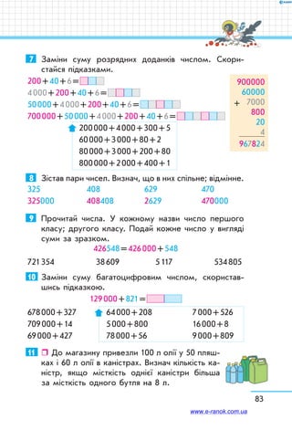 83
7	 Заміни суму розрядних доданків числом. Скори­
стайся підказками.
200 + 40 + 6 = 
4 000 + 200 + 40 + 6 = 
50 000 + 4 000 + 200 + 40 + 6 = 
700 000 + 50 000 + 4 000 + 200 + 40 + 6 = 
200 000 + 4 000 + 300 + 5	
60 000 + 3 000 + 80 + 2
80 000 + 3 000 + 200 + 80	
800 000 + 2 000 + 400 + 1
8	 Зістав пари чисел. Визнач, що в них спільне; відмінне.
325
325000
408
408408
629
2629
470
470000
9	 Прочитай числа. У кожному назви число першого
класу; другого класу. Подай кожне число у вигляді
суми за зразком.
426548 = 426 000 + 548
721 354	 38 609	 5 117	 534 805
10	 Заміни суму багатоцифровим числом, скористав-
шись підказкою.
129 000 + 821 = 
678 000 + 327	 64 000 + 208	 7 000 + 526
709 000 + 14	 5 000 + 800	 16 000 + 8
69 000 + 427	 78 000 + 56	 9 000 + 809
11	    До магазину привезли 100 л олії у 50 пляш-­
ках і 60 л олії в каністрах. Визнач кількість ка-
ністр, якщо місткість однієї каністри більша
за місткість одного бутля на 8 л.
900000
+
60000
7000
800
20
4
967824
www.e-ranok.com.ua
 