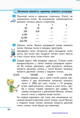 86
Загальна кількість одиниць певного розряду
1	 Прочитай числа в першому стовпчику. З’ясуй, як
змінюються числа. За визначеною закономірністю
доповни числами решту стовпчиків.
	 9	 8	 7	 6
	 89	 78	 67	 ..
	 789	 678	 ...	 ...
	 6 789	 ....	 ....	 ....
	 56 789	 .....	 .....	 .....
	 456 789	 ......	 ......	 ......
2	 Запиши числа. Визнач розрядний склад кожного
числа. Запиши числа в порядку зростання.
Тринадцять тисяч чотириста; двісті вісімдесят тисяч
шість; три тисячі три; сімдесят чотири тисячі триста
п’ять; сімсот вісім тисяч п’ятсот три.
3	 Згадай відомі тобі розрядні одиниці. Скільки нулів
використовують у записі кожної розрядної одини-
ці? Як можна міркувати, щоб визначити загальну
кількість десятків; сотень у числі? Визнач загальну
кількість десятків і сотень у поданих числах.
32 678	 109 688	 6 544	 345 378
Надійка вважає, що в такий спосіб можна мір-
кувати й для визначення загальної кілько­сті
тисяч: у 1000 три нулі, тисяча — IV розряд;
отже, щоб дізнатися, скільки в числі тисяч, тре-
ба в ньому справа прикрити три цифри. Чи
можна погодитися з дівчинкою? Визнач, скільки
всього тисяч у поданих вище числах.
Чи можна міркувати так само для визначення за-
гальної кількості десятків тисяч? сотень тисяч? Визнач
у поданих вище числах загальну кількість десятків
тисяч; сотень тисяч (якщо це можливо).
www.e-ranok.com.ua
 