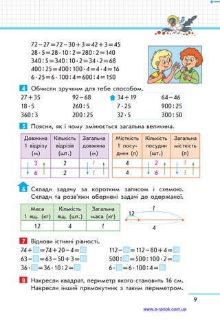 9
72 – 27 = 72 – 30 + 3 = 42 + 3 = 45
28 . 5 = 28 . 10 : 2 = 280 : 2 = 140
340 : 5 = 340 : 10 . 2 = 34 . 2 = 68
400 : 25 = 400 : 100 . 4 = 4 . 4 = 16
6 . 25 = 6 . 100 : 4 = 600 : 4 = 150
4	 Обчисли зручним для тебе способом.
27 + 35	 92 – 68	 34 + 19	 64 – 46
18 . 5	 260 : 5	 7 . 25	 900 : 25
360 : 3	 200 : 25	 32 . 5	 300 : 50
5	 Поясни, як і чому змінюється загальна величина.
Довжина
1 відрізу
(м)
Кількість
відрізів
(шт.)
Загальна
довжина
(м)
3 2 ?
6 2 ?
Місткість
1 посу-
дини (л)
Кількість
посудин
(шт.)
Загальна
місткість
(л)
4 2 ?
4 6 ?
6	 Склади задачу за коротким записом і схемою.
Склади та роз­в’яжи обернені задачі до одержаної.
Маса
1 ящ. (кг)
Кількість
ящ. (шт.)
Загальна
маса (кг)
12 4 ?
12
4
?
7	 Віднови істинні рівності.
74 +   = 74 + 20 – 4 =  	 112 –   = 112 – 80 + 4 = 
63 –   = 63 – 50 + 3 =  	 500 :   = 500 : 100 . 2 = 
36 .   = 36 . 10 : 2 =  	 6 .   = 6 . 100 : 4 = 
8	 Накресли квадрат, периметр якого становить 16 см.
Накресли інший прямокутник з таким периметром.
www.e-ranok.com.ua
 