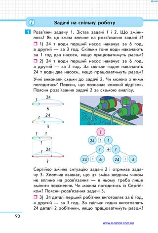 90
Задачі на спільну роботу
1	 Розв’яжи задачу 1. Зістав задачі 1 і 2. Що зміни-
лось? Як ця зміна вплине на розв’язання задачі 2?
ˆˆ 1)	 24 т води перший насос накачує за 6 год,
а другий — за 3 год. Скільки тонн води накачають
за 1 год два насоси, якщо працюватимуть разом?
ˆˆ 2)	 24 т води перший насос накачує за 6 год,
а другий — за 3 год. За скільки годин накачають
24 т води два насоси, якщо працюватимуть разом?
Учні виконали схеми до задачі 2. Чи можна з ними
погодитись? Поясни, що позначає кожний відрізок.
Поясни розв’язання задачі 2 за схемою аналізу.
?
?
?
24
?
?
?
?
24
24
6
3
?
24
?
24 24
?
?
6 3
:
+
: :
Сергійко змінив ситуацію задачі 2 і отримав зада-
чу 3. Хлопчик вважає, що ця зміна жодним чином
не вплине на розв’язання — в ньому треба лише
змінити пояснення. Чи можна погодитись із Сергій-
ком? Поясни розв’язання задачі 3.
ˆˆ 3)	 24 деталі перший робітник виготовляє за 6 год,
а другий — за 3 год. За скільки годин виготовлять
24 деталі 2 робітники, якщо працюватимуть разом?
www.e-ranok.com.ua
 