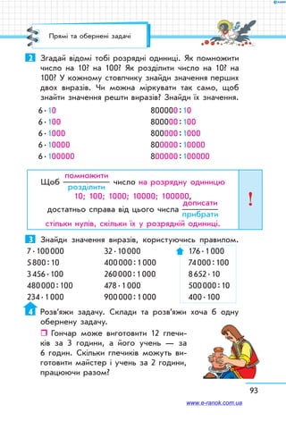 93
2	 Згадай відомі тобі розрядні одиниці. Як помножити
число на 10? на 100? Як розділити число на 10? на
100? У кожному стовпчику знайди значення перших
двох виразів. Чи можна міркувати так само, щоб
знайти значення решти виразів? Знайди їх значення.
6 . 10
6 . 100
6 . 1000
6 . 10000
6 . 100000
800000 : 10
800000 : 100
800000 : 1000
800000 : 10000
800000 : 100000
Щоб
помножити
розділити
число на розрядну одиницю
10; 100; 1000; 10000; 100000,
достатньо справа від цього числа
дописати
прибрати
стільки нулів, скільки їх у розрядній одиниці.
3	 Знайди значення виразів, користуючись правилом.
7 . 100 000	 32 . 10 000	 176 . 1 000
5 800 : 10	 400 000 : 1 000	 74 000 : 100
3 456 . 100	 260 000 : 1 000	 8 652 . 10
480 000 : 100	 478 . 1 000	 500 000 : 10
234 . 1 000	 900 000 : 1 000	 400 . 100
4	 Розв’яжи задачу. Склади та розв’яжи хоча б одну
обернену задачу.
ˆˆ Гончар може виготовити 12 глечи-
ків за 3 години, а його учень — за
6 годин. Скільки глечиків можуть ви-
готовити майстер і учень за 2 години,
працюючи разом?
Прямі та обернені задачі
www.e-ranok.com.ua
 