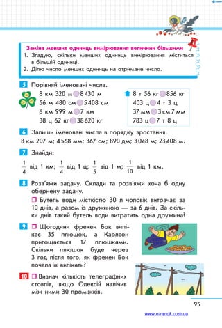 95
Заміна менших одиниць вимірювання величини більшими
1.	 Згадую, скільки менших одиниць вимірювання міститься
в більшій одиниці.
2.	 Ділю число менших одиниць на отримане число.
5	 Порівняй іменовані числа.
8 км 320 м   8 430 м	 8 т 56 кг   856 кг
56 м 480 см   5 408 см	 403 ц   4 т 3 ц
6 км 999 м   7 км	 37 мм   3 см 7 мм
38 ц 62 кг   38 620 кг	 783 ц   7 т 8 ц
6	 Запиши іменовані числа в порядку зростання.
8 км 207 м; 4 568 мм; 367 см; 890 дм; 3 048 м; 23 408 м.
7	 Знайди:
1
4
від 1 км;
1
4
від 1 ц;
1
5
від 1 м;
1
10
від 1 км.
8	 Розв’яжи задачу. Склади та розв’яжи хоча б одну
обернену задачу.
ˆˆ Бутель води місткістю 30 л чоловік витрачає за
10 днів, а разом із дружиною — за 6 днів. За скіль-
ки днів такий бутель води витратить одна дружина?
9	    Щогодини фрекен Бок випі-
кає 35 плюшок, а Карлсон
пригощається 17 плюшками.
Скільки плюшок буде через
3 год після того, як фрекен Бок
почала їх випікати?
10	   Визнач кількість телеграфних
стовпів, якщо Олексій налічив
між ними 30 проміжків.
www.e-ranok.com.ua
 