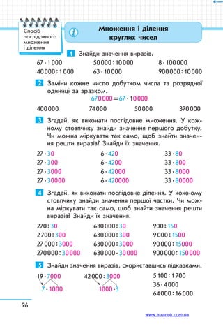 96
Множення і ділення
круглих чисел
1	 Знайди значення виразів.
67 . 1 000	 50 000 : 10 000	 8 . 100 000
40 000 : 1 000	 63 . 10 000	 900 000 : 10 000
2	 Заміни кожне число добутком числа та розрядної
одиниці за зразком.
670 000 = 67 . 10 000
400 000	 74 000	 50 000	 370 000
3	 Згадай, як виконати послідовне множення. У кож-
ному стовпчику знайди значення першого добутку.
Чи можна міркувати так само, щоб знайти значен-
ня решти виразів? Знайди їх значення.
27 . 30
27 . 300
27 . 3000
27 . 30000
6 . 420
6 . 4200
6 . 42000
6 . 420000
33 . 80
33 . 800
33 . 8000
33 . 80000
4	 Згадай, як виконати послідовне ділення. У кожному
стовпчику знайди значення першої частки. Чи мож-
на міркувати так само, щоб знайти значення решти
виразів? Знайди їх значення.
270 : 30
2 700 : 300
27 000 : 3000
270 000 : 30 000
630 000 : 30
630 000 : 300
630 000 : 3000
630 000 . 30 000
900 : 150
9 000 : 1500
90 000 : 15000
900 000 : 150 000
5	 Знайди значення виразів, скориставшись підказками.
19 . 7000
7 . 1000
42 000 : 3000
1000 .3 
5 100 : 1 700
36 . 4 000
64 000 : 16 000
Спосіб
послідовного
множення
і ділення
www.e-ranok.com.ua
 