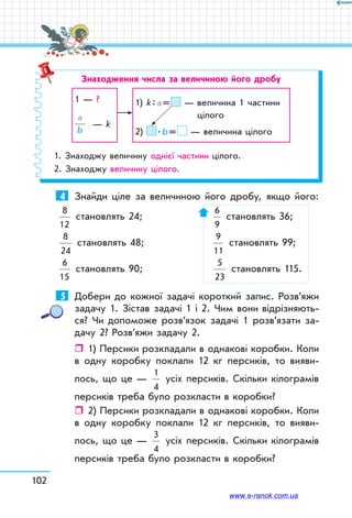 102
Знаходження числа за величиною його дробу
1 — ?
a
b
— k
1) k : a =  — величина 1 частини
цілого
2)  . b =  — величина цілого
1. Знаходжу величину однієї частини цілого.
2. Знаходжу величину цілого.
4	 Знайди ціле за величиною його дробу, якщо його:
8
12
становлять 24;	
6
9
становлять 36;
8
24
становлять 48;	
9
11
становлять 99;
6
15
становлять 90;	
5
23
становлять 115.
5	 Добери до кожної задачі короткий запис. Розв’яжи
задачу 1. Зістав задачі 1 і 2. Чим вони відрізняють-
ся? Чи допоможе розв’язок задачі 1 розв’язати за-
дачу 2? Розв’яжи задачу 2.
ˆˆ 1) Персики розкладали в однакові коробки. Коли
в одну коробку поклали 12 кг персиків, то вияви-
лось, що це —
1
4
усіх персиків. Скільки кілограмів
персиків треба було розкласти в коробки?
ˆˆ 2) Персики розкладали в однакові коробки. Коли
в одну коробку поклали 12 кг персиків, то вияви-
лось, що це —
3
4
усіх персиків. Скільки кілограмів
персиків треба було розкласти в коробки?
www.e-ranok.com.ua
 