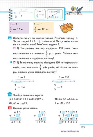103
1 — ?
1
4
— 12 кг
1 — ?
3
4
— 12 кг
6	 Добери схему до кожної задачі. Розв’яжи задачу 1.
Зістав задачі 1 і 2. Що змінилося? Як ця зміна впли-
не на розв’язання? Розв’яжи задачу 2.
ˆˆ 1) Театральну виставу відвідали 150 учнів, чет­
вертокласники становили
3
5
усіх учнів. Скільки чет-
вертокласників відвідали виставу?
ˆˆ 2) Театральну виставу відвідали 150 четвертоклас-
ників, що становило
3
5
усіх учнів, які пішли до теат­
ру. Скільки учнів відвідали виставу?
1 — ? 1 — 150
3
5
— 150
3
5
— ?
7	 Знайди значення виразів.
(6 т 500 кг + 1 т 600 кг) : 9 ц	 48 км 42 м : 306 м
20 діб 6 год : 3	 2 кг 80 г : 52
8	 Віднови розв’язання.
6 2 3
4     2
  8     
6 1 1  8
+
3     5
   7   1
5   6      
1 1 7  8
+
1   7 5     9 7
3 4     5 6  
3 7   5 0     4  
  7  2  7  8 6  4
+
1 — ?
  a
b
— k
1) k : a = 
2)  . b = 
 a
b
— k
1 — ?
www.e-ranok.com.ua
 