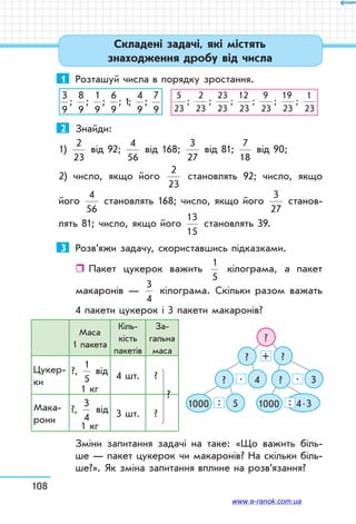 108
1	 Розташуй числа в порядку зростання.
3
9
8
9
1
9
6
9
1
4
9
7
9
; ; ; ; ; ;   
5
23
2
23
23
23
12
23
9
23
19
23
1
23
; ; ; ; ; ;
2	 Знайди:
1)
2
23
від 92;
4
56
від 168;
3
27
від 81;
7
18
від 90;
2) число, якщо його
2
23
становлять 92; число, якщо
його
4
56
становлять 168; число, якщо його
3
27
станов-
лять 81; число, якщо його
13
15
становлять 39.
3	 Розв’яжи задачу, скориставшись підказками.
ˆˆ Пакет цукерок важить
1
5
кілограма, а пакет
макаронів —
3
4
кілограма. Скільки разом важать
4 пакети цукерок і 3 пакети макаронів?
Зміни запитання задачі на таке: «Що важить біль-
ше — пакет цукерок чи макаронів? На скільки біль-
ше?». Як зміна запитання вплине на розв’язання?
Маса 	
1 пакета
Кіль-
кість 	
пакетів
За-
гальна
маса
Цукер­
ки
?,
1
5
від	
1 кг
4 шт. ?
Мака­
рони
?,
3
4
від	
1 кг
3 шт. ?
?
?
?
?
1000 1000
?
?
4
5   4 . 3
3
+
.
: :
.
Складені задачі, які містять
знаходження дробу від числа
www.e-ranok.com.ua
 