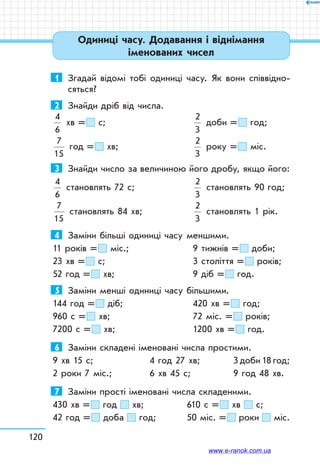 120
1	 Згадай відомі тобі одиниці часу. Як вони співвідно-
сяться?
2	 Знайди дріб від числа.
4
6
хв =  с;		
2
3
доби =  год;
7
15
год =  хв;		
2
3
року =  міс.
3	 Знайди число за величиною його дробу, якщо його:
4
6
становлять 72 с;	
2
3
становлять 90 год;
7
15
становлять 84 хв;	
2
3
становлять 1 рік.
4	 Заміни більші одиниці часу меншими.
11 років =  міс.;	 9 тижнів =  доби;
23 хв =  с;		 3 століття =  років;
52 год =  хв;		 9 діб =  год.
5	 Заміни менші одиниці часу більшими.
144 год =  діб;		 420 хв =  год;
960 с =  хв;		 72 міс. =  років;
7200 с =  хв;		 1200 хв =  год.
6	 Заміни складені іменовані числа простими.
9 хв 15 с;	 4 год 27 хв;	 3 доби 18 год;
2 роки 7 міс.;	 6 хв 45 с;	 9 год 48 хв.
7	 Заміни прості іменовані числа складеними.
430 хв =  год хв;	 610 с =  хв с;
42 год =  доба год;	 50 міс. =  роки міс.
Одиниці часу. Додавання і віднімання
іменованих чисел
www.e-ranok.com.ua
 