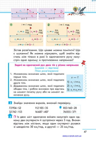 47
s1 = a . 4
s = a . 4 + b . 4
s2 = b . 4
v2 = b
км	
годv1 = a
км	
год
t = 4 год1
s1 = a . 4
s = a . 4 + b . 4
s2 = b . 4
v2 = b
км	
годv1 = a
км	
год
t = 4 год2
Зістав розв’язання. Що цікаве можна помітити? Що
є шуканим? Як можна міркувати, щоб знайти від-
стань між тілами в разі їх одночасного руху назу-
стріч одне одному; в протилежних напрямках?
Задачі на одночасний рух двох тіл у різних напрямках
(шукане — відстань)
План розв’язування
1.	 Множенням визначаю шлях, який подолало
перше тіло.
2.	 Множенням визначаю шлях, який подолало
друге тіло.
3.	 Додаванням визначаю шлях, який подолали
обидва тіла, і роблю висновок про відстань
на момент початку руху або на момент за-
кінчення руху.
s — ?
1)	 v1 . t = s1
2)	 v2 . t = s2
3)	 s1 + s2 = s
3	 Знайди значення виразів, виконай перевірку.
72 956 : 52	 112 105 : 35	 853 160 : 28
32 742 : 153	 16 687 : 407	 76 055 : 371
4	  Із двох міст одночасно виїхали назустріч один од-
ному два скутеристи й зустрілися через 3 год. Визнач
відстань між містами, якщо один скутерист рухався
зі швидкістю 30 км/год, а другий — 25 км/год.
s — ?
v2v1
s1 s2
s — ?
v2v1
t t
s1
s2
www.e-ranok.com.ua
 