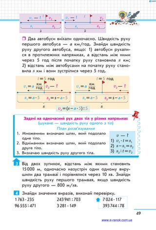 49
ˆˆ Два автобуси виїхали одночасно. Швидкість руху
першого автобуса — а км/год. Знайди швидкість
руху другого автобуса, якщо: 1) автобуси рухали-
ся в протилежних напрямках, а відстань між ними
через 5 год після початку руху становила s км;
2) відстань між автобусами на початку руху стано-
вила s км і вони зустрілися через 5 год.
s1 = a . 5
s
s2 = s – a . 5
v2 — ?v1 = a
км
год
s1 = a . 5
s
s2 = s – a . 5
v2 — ?v1 = a
км
год
t = 5 год t = 5 год
v2 = (s – a . 5) : 5
Задачі на одночасний рух двох тіл у різних напрямках
(шукане — швидкість руху одного з тіл)
План розв’язування
1.	Множенням визначаю шлях, який подолало
одне тіло.
2.	Відніманням визначаю шлях, який подолало
друге тіло.
3.	Визначаю швидкість руху другого тіла.
v — ?
1)	 v1 . t = s1
2)	 s – s1 = s2
3)	 s2 : t = v2
3	 Від двох зупинок, відстань між якими становить
15 000 м, одночасно назустріч один одному виру-
шили два трамваї і порівнялися через 10 хв. Знайди
швидкість руху першого трамвая, якщо швидкість
руху другого — 800 м/хв.
4	 Знайди значення виразів, виконай перевірку.
1 763 . 235	 243 941 : 703	 7 024 . 117
96 555 : 471	 3 281 . 149	 393 744 : 78
s
v2v1 — ?
s1 s2
s
v2v1 — ?t t
s1
s2
www.e-ranok.com.ua
 