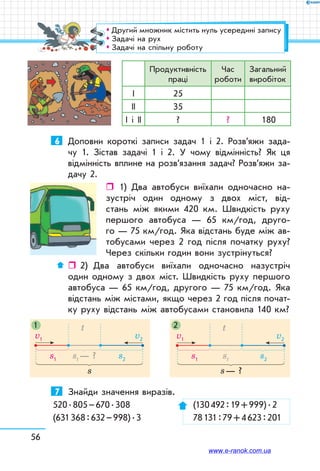 56
Продуктивність
праці
Час
роботи
Загальний
виробіток
І 25
ІІ 35
І і ІІ ? ? 180
6	 Доповни короткі записи задач 1 і 2. Розв’яжи зада-
чу 1. Зістав задачі 1 і 2. У чому відмінність? Як ця
відмінність вплине на розв’язання задач? Розв’яжи за-
дачу 2.
ˆˆ 1) Два автобуси виїхали одночасно на-
зустріч один одному з двох міст, від-
стань між якими 420 км. Швидкість руху
першого автобуса — 65 км/год, друго-
го — 75 км/год. Яка відстань буде між ав-
тобусами через 2 год після початку руху?
Через скільки годин вони зустрінуться?
ˆˆ 2)	 Два автобуси виїхали одночасно назустріч
один одному з двох міст. Швидкість руху першого
автобуса — 65 км/год, другого — 75 км/год. Яка
відстань між містами, якщо через 2 год після почат-
ку руху відстань між автобусами становила 140 км?
s1 s2st
s — ?
v2
t
v1
s1 s2st — ?
v2
t
v1
1 2
s
7	 Знайди значення виразів.
520 . 805 – 670 . 308	 (130 492 : 19 + 999) . 2
(631 368 : 632 – 998) . 3	 78 131 : 79 + 4 623 : 201
™™ Другий множник містить нуль усередині запису
™™ Задачі на рух
™™ Задачі на спільну роботу
www.e-ranok.com.ua
 
