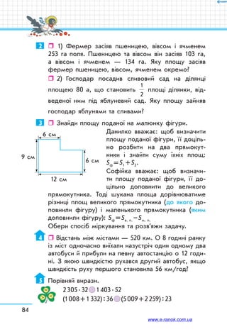 84
2	  1) Фермер засіяв пшеницею, вівсом і ячменем
253 га поля. Пшеницею та вівсом він засіяв 103 га,
а вівсом і ячменем — 134 га. Яку площу засіяв
фермер пшеницею, вівсом, ячменем окремо?
ˆˆ 2)	 Господар посадив сливовий сад на ділянці
площею 80 а, що становить
1
2
площі ділянки, від-
веденої ним під яблуневий сад. Яку площу зайняв
господар яблунями та сливами?
3	  Знайди площу поданої на малюнку фігури.
Данилко вважає: щоб визначити
площу поданої фігури, її доціль-
но розбити на два прямокут-
ники і знайти суму їхніх площ:
Sф = S1 + S2.
Софійка вважає: щоб визначи-
ти площу поданої фігури, її до-
цільно доповнити до великого
прямокутника. Тоді шукана площа дорівнюватиме
різниці площ великого прямокутника (до якого до-
повнили фігуру) і маленького прямокутника (яким
доповнили фігуру): Sф = Sв. п. – Sм. п.
Обери спосіб міркування та розв’яжи задачу.
4	  Відстань між містами — 520 км. О 8 годині ранку
із міст одночасно виїхали назустріч один одному два
автобуси й прибули на певну автостанцію о 12 годи-
ні. З якою швидкістю рухався другий автобус, якщо
швидкість руху першого становила 56 км/год?
5 	 Порівняй вирази.
2 305 . 32   1 403 . 52	
(1 008 + 1 332) : 36   (5 009 + 2 259) : 23
9 см
6 см
6 см
12 см
www.e-ranok.com.ua
 