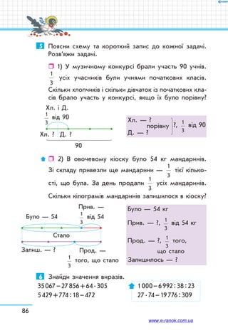 86
5	 Поясни схему та короткий запис до кожної задачі.
Розв’яжи задачі.
ˆˆ 1) У музичному конкурсі брали участь 90 учнів.
1
3
усіх учасників були учнями початкових класів.
Скільки хлопчиків і скільки дів­чаток із початкових кла-
сів брало участь у конкурсі, якщо їх було порівну?
Хл. і Д.
Хл. ? Д. ?
1
3
від 90
90
ˆˆ  2) В овочевому кіоску було 54 кг мандаринів.
Зі складу привезли ще мандарини —
1
3
тієї кілько­
сті, що була. За день продали
1
3
усіх мандаринів.
Скільки кілограмів мандаринів залишилося в кіоску?
6	 Знайди значення виразів.
35 067 – 27 856 + 64 . 305	 1 000 – 6 992 : 38 : 23
5 429 + 774 : 18 – 472	 27 . 74 – 19 776 : 309
Хл. — ?
Д. — ?
?, 1
3
від 90порівну
Було — 54 кг
Прив. — ?, 1
3
від 54 кг
Прод. — ?, 1
3
того,
що стало
Залишилось — ?
Прив. —
1
3
від 54
Прод. —
1
3
того, що стало
Залиш. — ?
Було — 54
Стало
www.e-ranok.com.ua
 