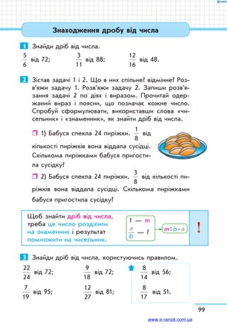 99
Знаходження дробу від числа
1	 Знайди дріб від числа.
5
6
від 72;	
3
11
від 88;	
12
16
від 48.
2	 Зістав задачі 1 і 2. Що в них спільне? відмінне? Роз­
в’яжи задачу 1. Розв’яжи задачу 2. Запиши розв’я­
зання задачі 2 по діях і виразом. Прочитай одер­-
жаний вираз і поясни, що позначає кожне число.
Спробуй сформулювати, використавши слова «чи-
сельник» і «знаменник», як знайти дріб від числа.
ˆˆ 1) Бабуся спекла 24 пиріжки.
1
8
від
кількості пиріжків вона віддала сусідці.
Скількома пиріжками бабуся пригости-
ла су­сідку?
ˆˆ 2) Бабуся спекла 24 пиріжки.
3
8
від кількості пи-
ріжків вона віддала сусідці. Скількома пиріжками
бабуся пригостила сусідку?
Щоб знайти дріб від числа,
треба це число розділити
на знаменник і результат
помножити на чисельник.
3	 Знайди дріб від числа, користуючись правилом.
22
24
від 72;	
9
18
від 72;	
8
14
від 56;
7
19
від 95;	
12
27
від 81;	
8
17
від 51.
1 — m
a
b
— ? m : b . a
www.e-ranok.com.ua
 
