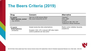 The Beers Criteria (2019)
Drug Concern Alternative
CV agents:
Alpha agonists, central:
e.g. clonidine
High risk of CNS adverse effects
May cause bradycardia and OH
Thiazides**
ACE-I, ARB*
LA CCB**
*preferred for DM, CKD, CHF
**preferred in African Americans
CV agents:
Antiarrhythmics:
amiodarone
Greater toxicity than other antiarrhythmics
Exception: A-fib + HF or reduced LVEF when rhythm
control is preferred over rate control
Rhythm control: dofetilide, flecainide,
propafenone
26
AGS 2019 Beers Criteria Update Expert Panel. American Geriatrics Society 2019 Updated Beers Criteria for Potentially Inappropriate Medication Use in Older Adults. JAGS 2019.
 