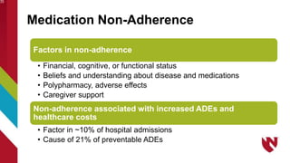 Medication Non-Adherence
35
Factors in non-adherence
• Financial, cognitive, or functional status
• Beliefs and understanding about disease and medications
• Polypharmacy, adverse effects
• Caregiver support
Non-adherence associated with increased ADEs and
healthcare costs
• Factor in ~10% of hospital admissions
• Cause of 21% of preventable ADEs
 