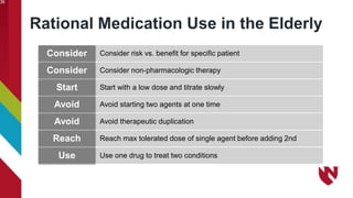 Rational Medication Use in the Elderly
36
Consider risk vs. benefit for specific patient
Consider
Consider non-pharmacologic therapy
Consider
Start with a low dose and titrate slowly
Start
Avoid starting two agents at one time
Avoid
Avoid therapeutic duplication
Avoid
Reach max tolerated dose of single agent before adding 2nd
Reach
Use one drug to treat two conditions
Use
 