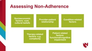 Assessing Non-Adherence
38
Socioeconomic
factors: cost,
cultural beliefs
Provider-patient
relationship
Condition-related
factors
Therapy-related
factors: e.g.
complexity
Patient related
factors:
functional/cognitive
impairment
 