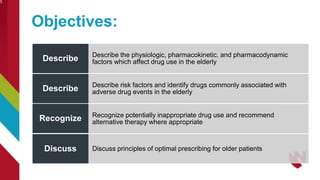 Objectives:
5
Describe the physiologic, pharmacokinetic, and pharmacodynamic
factors which affect drug use in the elderly
Describe
Describe risk factors and identify drugs commonly associated with
adverse drug events in the elderly
Describe
Recognize potentially inappropriate drug use and recommend
alternative therapy where appropriate
Recognize
Discuss principles of optimal prescribing for older patients
Discuss
 