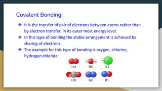 Covalent Bonding:
❖ It is the transfer of pair of electrons between atoms rather than
by electron transfer, in its outer most energy level.
❖ In this type of bonding the stable arrangement is achieved by
sharing of electrons.
❖ The example for this type of bonding is oxygen, chlorine,
hydrogen chloride
 