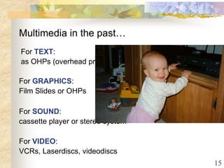 15
Multimedia in the past…
For VIDEO:
VCRs, Laserdiscs, videodiscs
For SOUND:
cassette player or stereo system
For GRAPHICS:
Film Slides or OHPs
For TEXT:
as OHPs (overhead projectors)
 