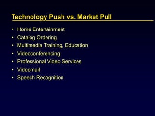 Technology Push vs. Market Pull
• Home Entertainment
• Catalog Ordering
• Multimedia Training, Education
• Videoconferencing
• Professional Video Services
• Videomail
• Speech Recognition
 