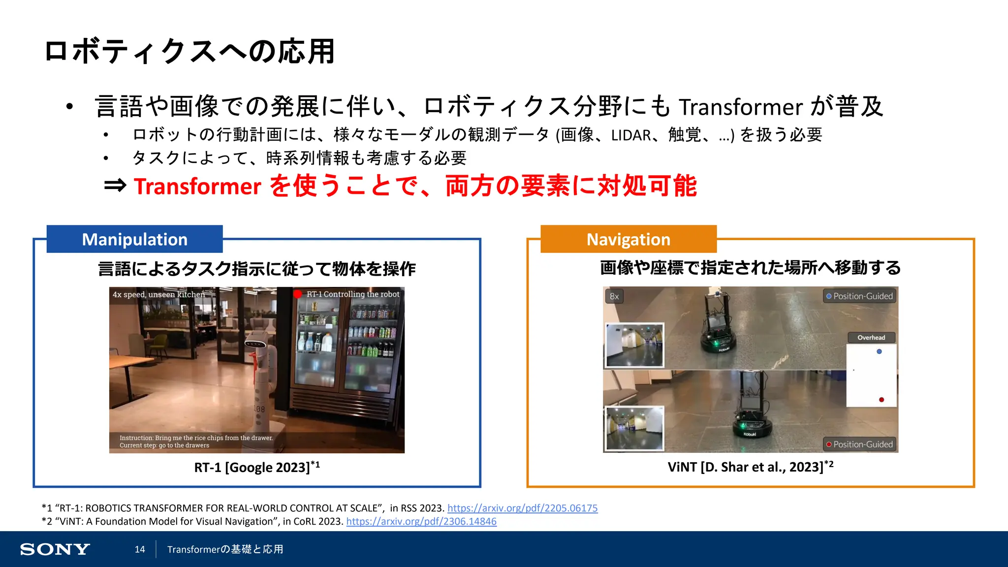 14
ロボティクスへの応用
• 言語や画像での発展に伴い、ロボティクス分野にも Transformer が普及
• ロボットの行動計画には、様々なモーダルの観測データ (画像、LIDAR、触覚、…) を扱う必要
• タスクによって、時系列情報も考慮する必要
⇒ Transformer を使うことで、両方の要素に対処可能
Manipulation
言語によるタスク指示に従って物体を操作
RT-1 [Google 2023]*1
*1 “RT-1: ROBOTICS TRANSFORMER FOR REAL-WORLD CONTROL AT SCALE”, in RSS 2023. https://arxiv.org/pdf/2205.06175
*2 “ViNT: A Foundation Model for Visual Navigation”, in CoRL 2023. https://arxiv.org/pdf/2306.14846
Navigation
画像や座標で指定された場所へ移動する
ViNT [D. Shar et al., 2023]*2
Transformerの基礎と応用
 