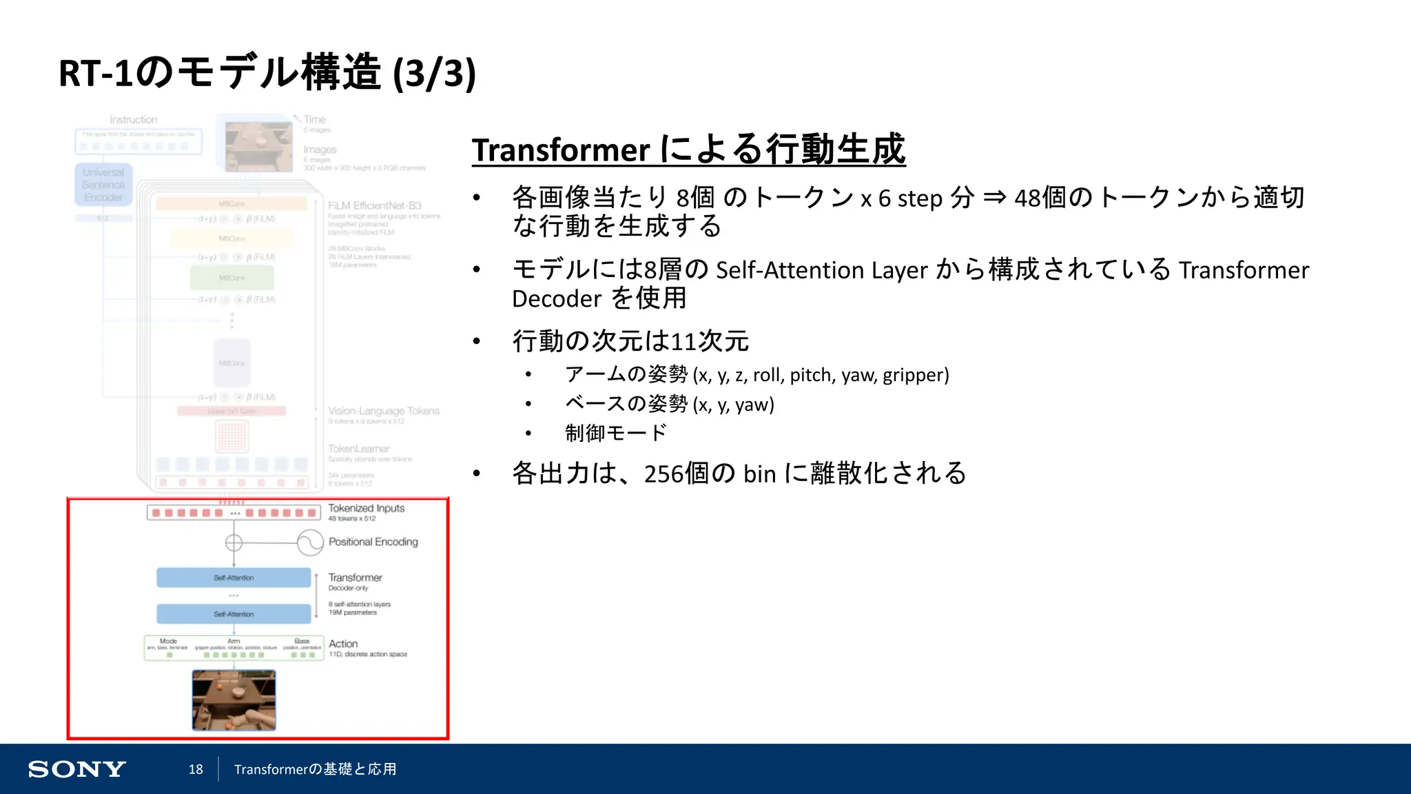 18
RT-1のモデル構造 (3/3)
Transformer による行動生成
• 各画像当たり 8個 のトークン x 6 step 分 ⇒ 48個のトークンから適切
な行動を生成する
• モデルには8層の Self-Attention Layer から構成されている Transformer
Decoder を使用
• 行動の次元は11次元
• アームの姿勢 (x, y, z, roll, pitch, yaw, gripper)
• ベースの姿勢 (x, y, yaw)
• 制御モード
• 各出力は、256個の bin に離散化される
Transformerの基礎と応用
 