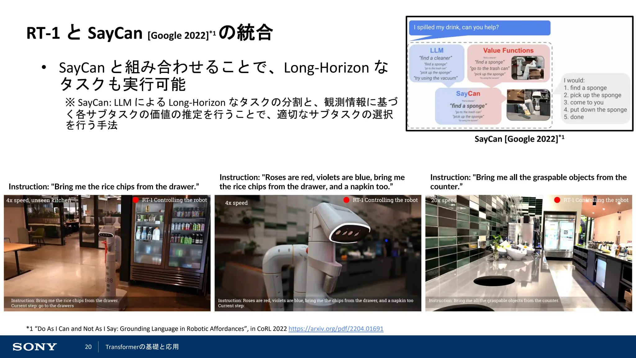 20
RT-1 と SayCan [Google 2022]*1 の統合
• SayCan と組み合わせることで、Long-Horizon な
タスクも実行可能
※ SayCan: LLM による Long-Horizon なタスクの分割と、観測情報に基づ
く各サブタスクの価値の推定を行うことで、適切なサブタスクの選択
を行う手法
Instruction: "Bring me the rice chips from the drawer.”
Instruction: "Roses are red, violets are blue, bring me
the rice chips from the drawer, and a napkin too.”
Instruction: "Bring me all the graspable objects from the
counter.”
*1 “Do As I Can and Not As I Say: Grounding Language in Robotic Affordances”, in CoRL 2022 https://arxiv.org/pdf/2204.01691
SayCan [Google 2022]*1
Transformerの基礎と応用
 