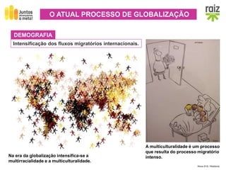 Hora H 9 / História
DEMOGRAFIA
Intensificação dos fluxos migratórios internacionais.
O ATUAL PROCESSO DE GLOBALIZAÇÃO
Na era da globalização intensifica-se a
multirracialidade e a multiculturalidade.
A multiculturalidade é um processo
que resulta do processo migratório
intenso.
 