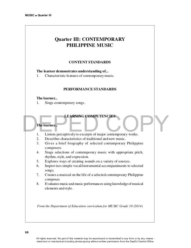 deped copy music quarter iii 88 quarter iii contemporary philippine music content standards the
