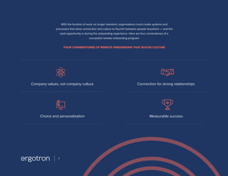 With the location of work no longer standard, organizations must create systems and
processes that allow connection and culture to flourish between people anywhere — and the
best opportunity is during the onboarding experience. Here are four cornerstones of a
successful remote onboarding program:
FOUR CORNERSTONES OF REMOTE ONBOARDING THAT BUILDS CULTURE
Connection for strong relationships
Choice and personalization Measurable success
Company values, not company culture
3
 