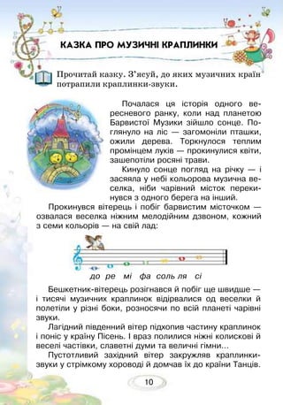 10
КАЗКА ПРО МУЗИЧНІ КРАПЛИНКИ
Прочитай казку. З’ясуй, до яких музичних країн
потрапили краплинки-звуки.
Почалася ця історія одного ве-
ресневого ранку, коли над планетою
Барвистої Музики зійшло сонце. По-
глянуло на ліс — загомоніли пташки,
ожили дерева. Торкнулося теплим
промінцем луків — прокинулися квіти,
зашепотіли росяні трави.
Кинуло сонце погляд на річку — і
засяяла у небі кольорова музична ве-
селка, ніби чарівний місток переки-
нувся з одного берега на інший.
Прокинувся вітерець і побіг барвистим місточком —
озвалася веселка ніжним мелодійним дзвоном, кожний
з семи кольорів — на свій лад:
Бешкетник-вітерець розігнався й побіг ще швидше —
і тисячі музичних краплинок відірвалися од веселки й
полетіли у різні боки, розносячи по всій планеті чарівні
звуки.
Лагідний південний вітер підхопив частину краплинок
і поніс у країну Пісень. І враз полилися ніжні колискові й
веселі частівки, славетні думи та величні гімни…
Пустотливий західний вітер закружляв краплинки-
звуки у стрімкому хороводі й домчав їх до країни Танців.
до ре мі фа соль ля сі
 