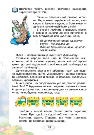 18
Прочитай текст. Поясни значення наведених
народних прислів’їв.
Пісня — споконвічний символ Украї­
ни. Недаремно український народ вва-
жають співучою нацією, а його мову —
однією з наймелодійніших у світі.
В Україні люблять і шанують пісню.
З давнини дійшли до нас прислів’я, в
яких згадується цей музичний жанр:
•	 Щира пісня гріє краще за кожуха.
•	 У гурті й пісня в лад іде.
•	 Людина без Батьківщини, що соло-
вей без пісні.
Пісня — провідний жанр музичного фольклору.
Українські народні пісні щирі й різноманітні: ніж-
ні колискові й наспівні ліричні, замислені кобзарські
думи і дотепні жартівливі, мужні козацькі пісні-марші та
запальні пісні-танці…
Оригінальністю відзначені обрядові пісні, що здав-
на супроводжують життя українського народу: колядки
та щедрівки, веснянки й гаївки, жниварські, купальські,
весільні, хрестильні...
А чи є риси, що споріднюють усе це співоче розма-
їття? Так! У будь-яких піснях поєднані музика і слово.
А ще — усі вони мають характерну для пісенного жанру
куплетну побудову, наприклад, таку:
1-й
заспів
2-й
заспівприспів приспів
Знайди у тексті назви різних видів народних
пісень. Пригадай, чи відомі тобі такі твори.
Розглянь схему. Поясни, що таке куплетна
форма, на прикладі пісні на вибір.
 