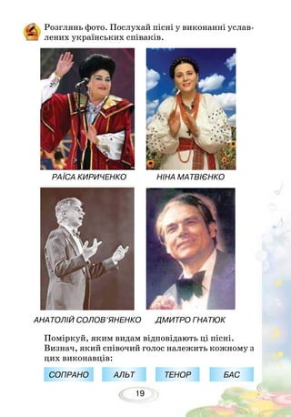 19
РАЇСА КИРИЧЕНКО НІНА МАТВІЄНКО
АНАТОЛІЙ СОЛОВ’ЯНЕНКО ДМИТРО ГНАТЮК
Розглянь фото. Послухай пісні у виконанні услав-
лених українських співаків.
Поміркуй, яким видам відповідають ці пісні.
Визнач, який співочий голос належить кожному з
цих виконавців:
СОПРАНО АЛЬТ ТЕНОР БАС
 