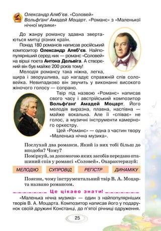 25
До жанру романсу здавна зверта-
ються митці різних країн.
Понад 180 романсів написав російський
композитор Олександр Аляб’єв. Найпо-
пулярніший серед них — романс «Соловей»
на вірші поета Антона Дельвіга. А створе-
ний він був майже 200 років тому!
Мелодія романсу така ніжна, легка,
щира і зворушлива, що нагадує справжній спів соло-
вейка. Невипадково він звучить у виконанні високого
жіночого голосу — сопрано.
Твір під назвою «Романс» написав
свого часу і австрійський композитор
Вольфґанґ Амадей Моцарт. Його
мелодія виразна, плавна, наспівна —
майже вокальна. Але її «співає» не
голос, а музичні інструменти камерно-
го оркестру.
Цей «Романс» — одна з частин твору
«Маленька нічна музика».
Послухай два романси. Який із них тобі більш до
вподоби? Чому?
Поміркуй,задопомогоюякихзасобівпереданопта-
шиний спів у романсі «Соловей». Охарактеризуй:
Олександр Аляб’єв. «Соловей»
Вольфґанґ Амадей Моцарт. «Романс» з «Маленької
нічної музики»
МЕЛОДІЮ СУПРОВІД РЕГІСТР ДИНАМІКУ
Поясни, чому інструментальний твір В. А. Моцар-
та названо романсом.
Ц е ц і к а в о з н а т и!
«Маленька нічна музика» — один з найпопулярніших
творів В. А. Моцарта. Композитор написав його у подару-
нок своїй дружині Констанці, до п’ятої річниці одруження.
 