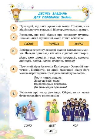 40
Пригадай, що таке музичний жанр. Поясни, чим
відрізняються вокальні й інструментальні жанри.
Розкажи, що тобі відомо про вокальну музику.
Визнач, який музичний жанр став її основою:
Вибери з переліку основні жанри вокальної музи-
ки. Наведи приклади кількох відповідних творів.
пісня, гімн, романс, п’єса, хор, симфонія, кантата,
ораторія, опера, балет, оперета, мюзикл
Прочитай вірш Анатолія Камінчука «Останній лис-
точок». Поміркуй, на який музичний жанр його
можна перетворити. Склади відповідну мелодію.
Листя падає додолу.
Засипає гай і поле.
На вербі один листочок.
До зими один деньочок!
Розкажи про жанр романсу. Обери, яким може
бути склад його виконавців:
1.
2.
3.
4.
5.
ПІСНЯ ТАНЕЦЬ МАРШ
Десять завдань
для перевірки знань
СОЛО ДУЕТ ХОР
 