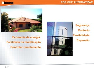 POR QUE AUTOMATIZAR Segurança Co n forto Flexibilidade Expansão Economia de energia  Facilidade na modificação Controlar remotamente 