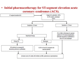 • Initial pharmacotherapy for ST-segment elevation acute
coronary syndromes (ACS).
 