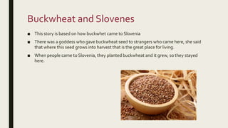 Buckwheat and Slovenes
■ This story is based on how buckwhet came to Slovenia
■ There was a goddess who gave buckwheat see...
