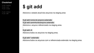 Cheatsheet
$ git config
$ git init
$ git clone
$ git status
$ git add
$ git add
Adiciona o estado atual dos arquivos na staging area
$ git add nome-do-arquivo.extensão
$ git add caminho/do/arquivo.extensão
Adiciona o arquivo referenciado na staging area.
$ git add -A
Adiciona todos os arquivos na staging area.
$ git add *.extensão
Adiciona todos os arquivos com a referenciada extensão na staging area.
 