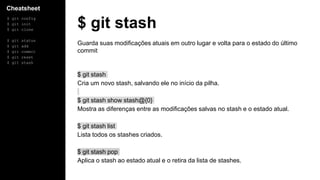 Cheatsheet
$ git config
$ git init
$ git clone
$ git status
$ git add
$ git commit
$ git reset
$ git stash
$ git stash
Guarda suas modificações atuais em outro lugar e volta para o estado do último
commit
$ git stash
Cria um novo stash, salvando ele no início da pilha.
$ git stash show stash@{0}
Mostra as diferenças entre as modificações salvas no stash e o estado atual.
$ git stash list
Lista todos os stashes criados.
$ git stash pop
Aplica o stash ao estado atual e o retira da lista de stashes.
 