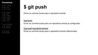 Cheatsheet
$ git config
$ git init
$ git clone
$ git status
$ git add
$ git commit
$ git reset
$ git stash
$ git log
$ git checkout
$ git branch
$ git merge
$ git pull
$ git push
$ git push
Envia os commits locais para o repositório remoto
$ git push
Envia os commits locais para um repositório remoto já configurado.
$ git push repositório-remoto
Envia os commits locais para o repositório remoto referenciado.
 