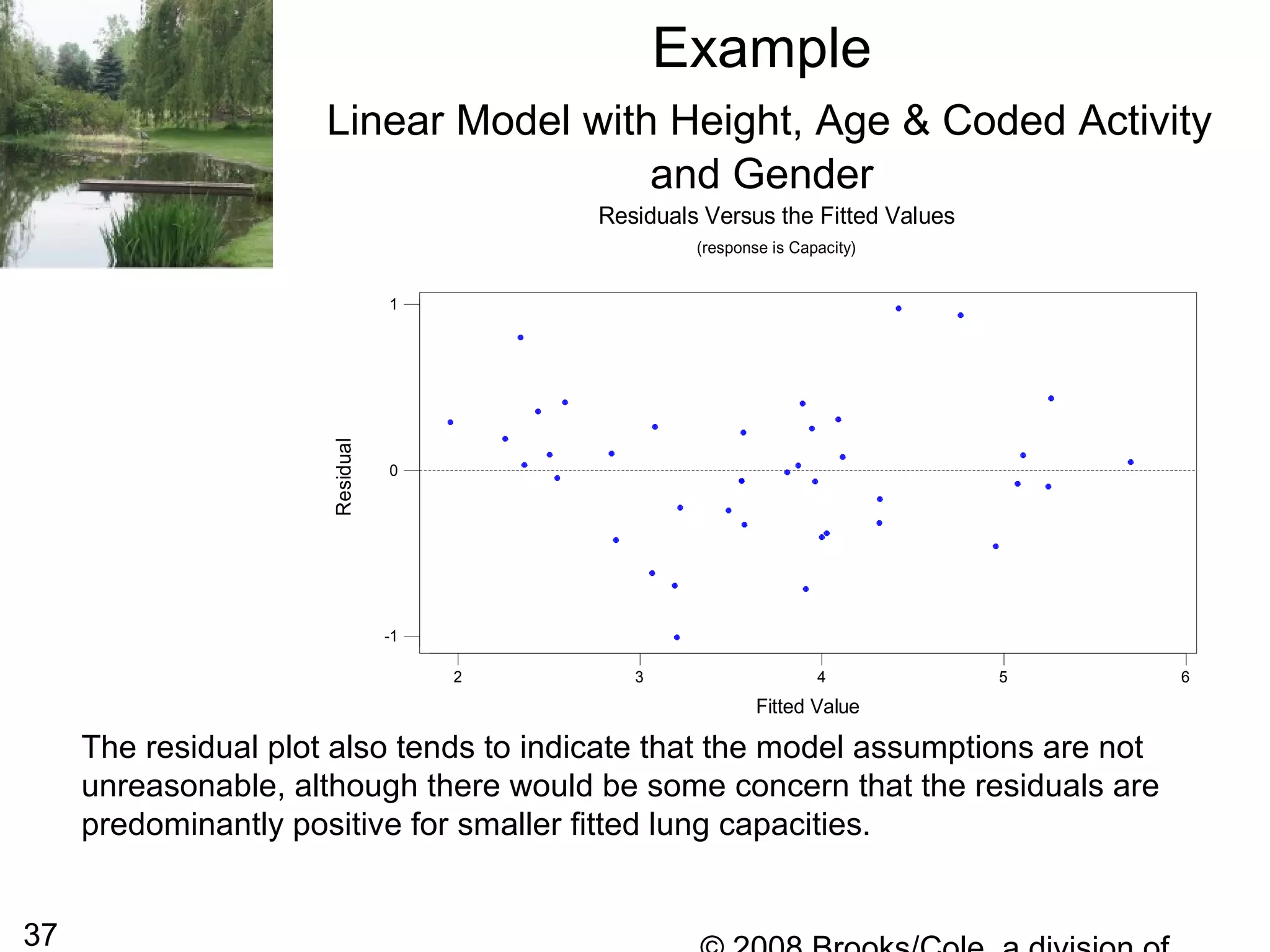 37
Example
Linear Model with Height, Age & Coded Activity
and Gender
The residual plot also tends to indicate that the model assumptions are not
unreasonable, although there would be some concern that the residuals are
predominantly positive for smaller fitted lung capacities.
65432
1
0
-1
Fitted Value
Residual
Residuals Versus the Fitted Values
(response is Capacity)
 