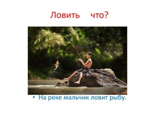 Ловить      что?




• На реке мальчик ловит рыбу.
 