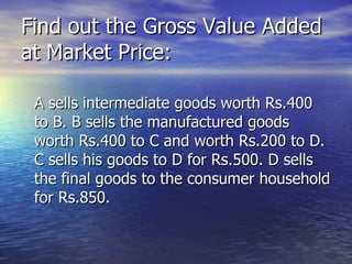 Find out the Gross Value Added at Market Price: A sells intermediate goods worth Rs.400 to B. B sells the manufactured goods worth Rs.400 to C and worth Rs.200 to D. C sells his goods to D for Rs.500. D sells the final goods to the consumer household for Rs.850. 