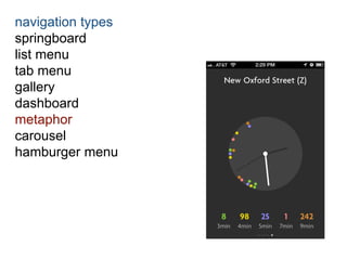 navigation types 
springboard 
list menu 
tab menu 
gallery 
dashboard 
metaphor 
carousel 
hamburger menu 
 
